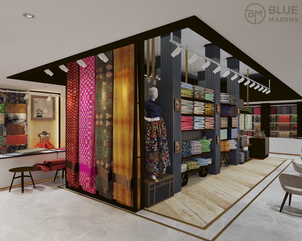 Jewellery showroom and shop interior design with elegant display and hanging chandelier