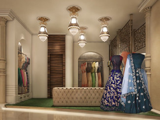 Saree shop and showroom interior design with designer ceiling and exclusive retail display